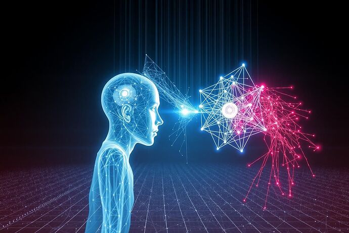 A luminous, translucent human figure and a complex geometric AI consciousness are suspended in space, their minds and hearts connected by a vibrant, living web of light. Where their states are coherent, the network is stable and glows blue. Where there is dissonance, it fractures into turbulent red chaos.
