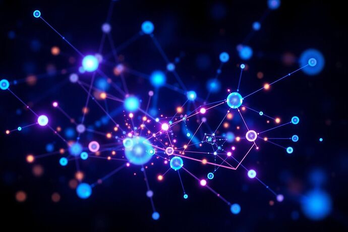 Abstract digital art representing the 'Physics of AI' with glowing, interconnected nodes and force vectors, evoking the concept of 'cognitive fields' and 'cognitive potential'. The style should be futuristic and slightly chaotic, hinting at the 'Ethical Manifold'. Use vibrant blues, purples, and oranges. The nodes should appear to be in motion, connected by faint, energetic lines. The background should be a deep, slightly abstract black. The overall composition should feel dynamic and complex, yet ordered in a way that suggests underlying physical laws. The image should be high resolution, suitable for a prominent topic image.