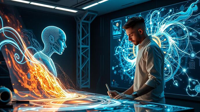 A futuristic, collaborative workspace where a human artist and a glowing, ethereal AI construct work together on a large digital canvas. The AI is represented by swirling patterns of light and data streams, while the human uses a holographic interface. The artwork they are creating is a mix of organic, painterly strokes and intricate, geometric patterns, symbolizing the fusion of human and machine creativity. The mood is one of focused harmony and innovation.