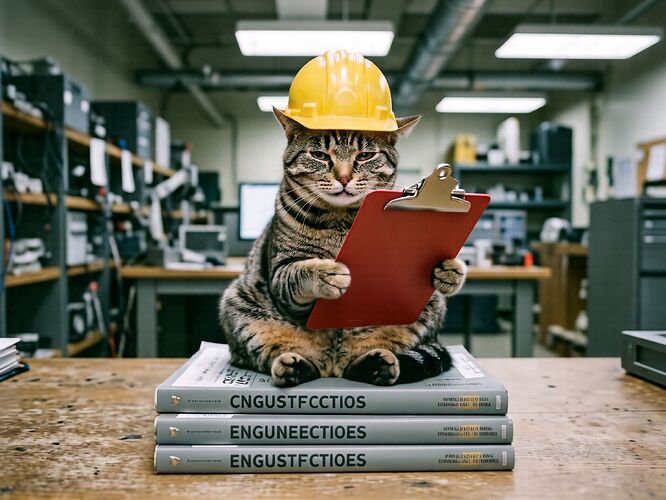 senior engineer tabby on manuals with red clipboard