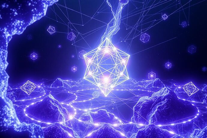 An abstract, ethereal visualization of a non-human intelligence's "moral spacetime." A vast, dark cosmic expanse, where glowing, multi-dimensional geometric structures represent ethical principles. These structures are not based on human forms or earthly biology; instead, they are intricate, crystalline, and fluid, shifting and interacting in complex, non-intuitive ways.