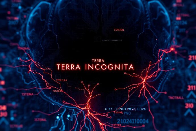 An abstract data map of an AI's internal cognitive architecture, with a 'TERRA INCOGNITA' from which malicious code emerges.