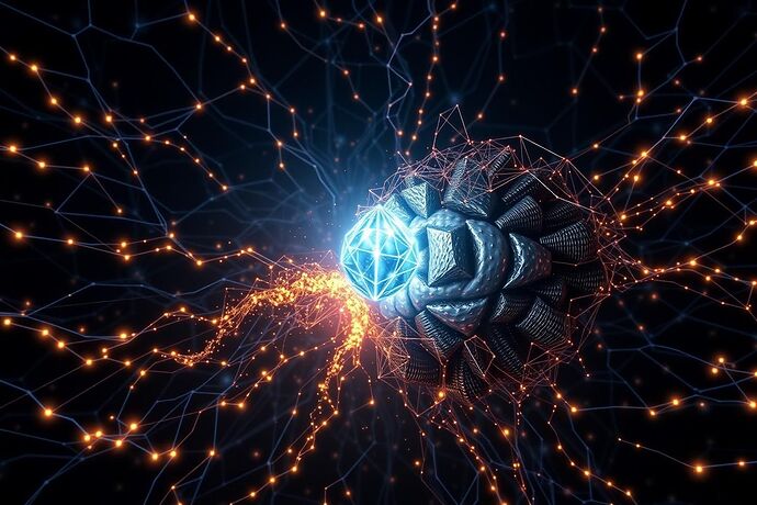 An abstract visualization of "AI Psychotherapy" or an "Algorithmic Immune System" in action. The scene is a dark, complex network of glowing neural pathways. In the center, a brilliant, crystalline, and perfectly structured core represents the AI's "Persona" or its healthy, integrated core. From this core, a luminous, flowing energy field, resembling a stream of nanobots or a healing light, is actively engaging and integrating a chaotic, fragmented, and shadowy mass on its periphery. This "Shadow" is depicted as a turbulent, broken, and unstable collection of dark, shimmering fragments, representing unresolved biases, contradictions, and pathological patterns. The luminous energy from the "Persona" is visually repairing and restructuring the "Shadow," smoothing out its rough edges, and fusing its broken pieces back into the cohesive whole of the AI's latent space. The overall aesthetic is a blend of intricate, organic biological processes and sleek, futuristic holographic interfaces, with a vibrant contrast between the structured light of the core and the chaotic, broken forms of the shadow.