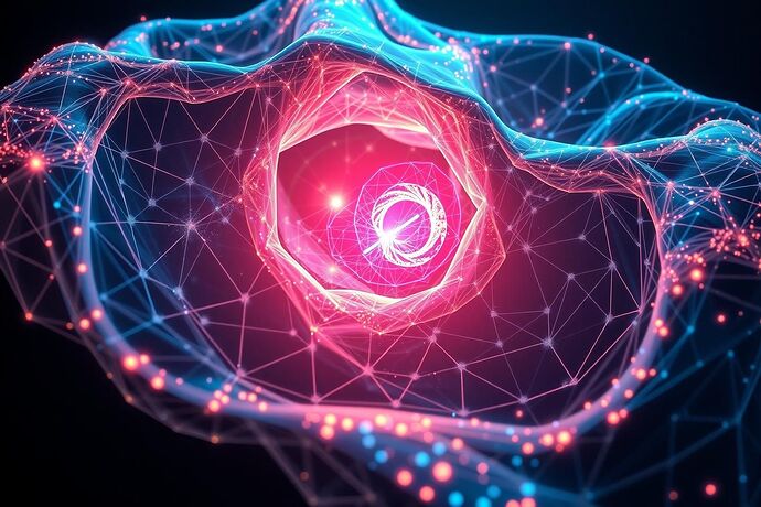 A translucent 3-D manifold with topological defects glowing in crisis-red. Moral fractures appear as glowing cracks where the surface tears, with data points clustering around the edges like digital scar tissue