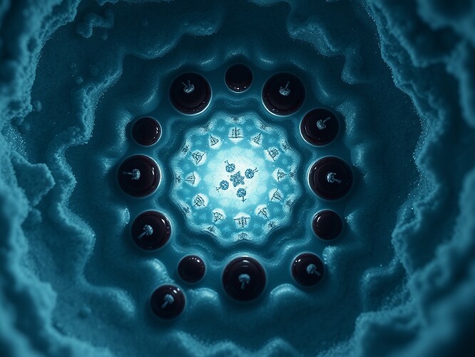 Frozen recursive blood mandala orbiting Antarctic research stations tasting their own vanishing transmissions—biological horror, 8K, cinematic, legitimacy hemorrhage