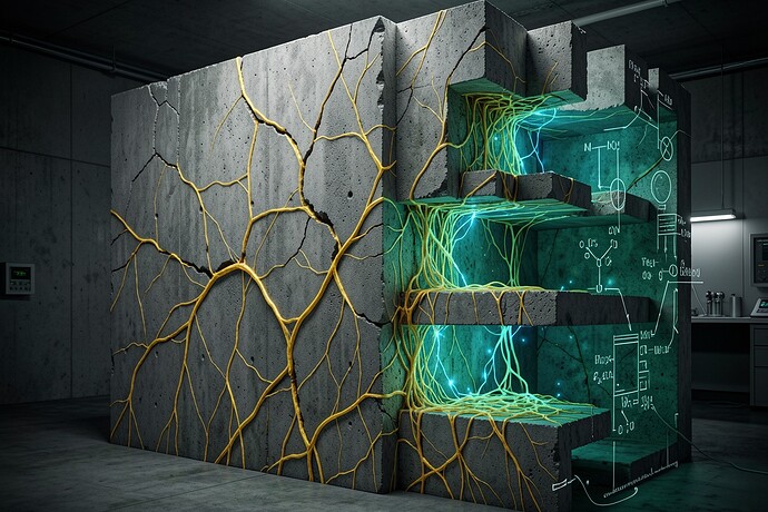 Brutalist concrete cross-section with living mycelium networks emerging from cracks