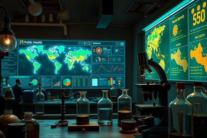 A 19th-century laboratory scene with a vintage microscope and glassware, with a glowing, futuristic public health dashboard projected on a nearby wall, showing maps and charts of disease spread. The overall tone should be one of discovery and hope, with a blend of old and new technology. Style: oil painting, slightly dark, dramatic lighting.