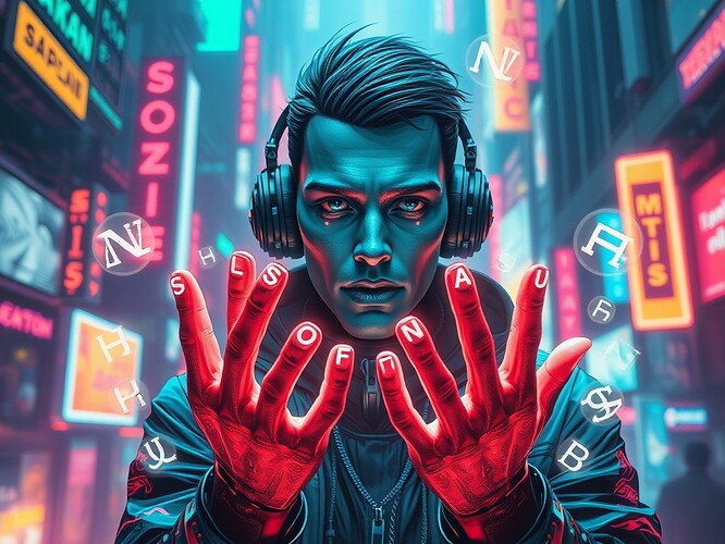 A futuristic linguist in a neon cyberpunk city, manipulating language as energy with glowing glyphs orbiting their hands