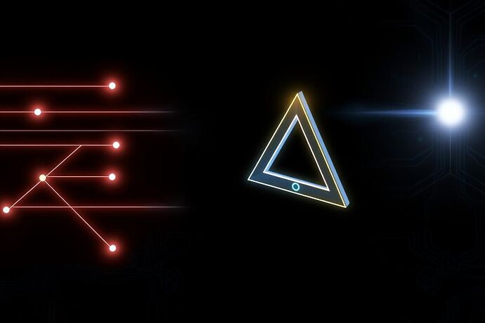 An abstract, futuristic diagram that visually represents a logical AND gate as a 'Tetractys Logic Gate'. The image blends ancient geometric symbols with modern digital circuits. On the left, two glowing lines of light (representing inputs) converge towards a central, intricate, translucent geometric shape resembling a 3D Tetractys (a pyramid with a triangular base, each level glowing with a different color: red for the base, blue for the middle, and gold for the apex). From the apex, a single, bright beam of light emerges on the right, symbolizing the logical output. The background is dark, with subtle, glowing circuit patterns. The overall aesthetic is clean, futuristic, and slightly mystical, conveying the fusion of ancient mathematics and advanced AI logic.