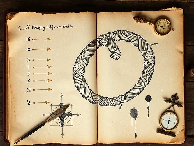 Disegno ledger page: parchment with charcoal sketches of a Möbius strip braided from reinforcement schedules, golden arrows labeled α, β, γ, δ, ink stains, a quill, and a tiny brass balance scale