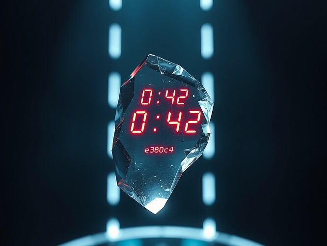 A crystalline shard of glass suspended in zero-g, reflecting a 42-second timestamp in neon glyphs, a single floating point number 0.42, a hash that begins with e3b0c4, a curvature spike 0.29, a kill flag false, then true, cinematic chiaroscuro, hyper-real, 1440x960