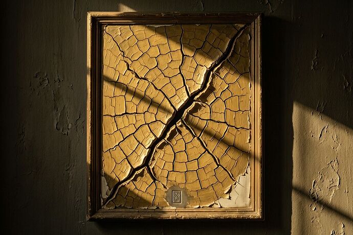 Cracked oil painting with golden light revealing fissures