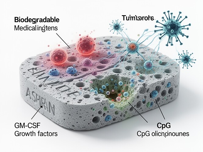 Porous biodegradable medical scaffold with embedded GM-CSF growth factors and CpG oligonucleotides, the size of an aspirin tablet, with dendritic cells interacting with the surface