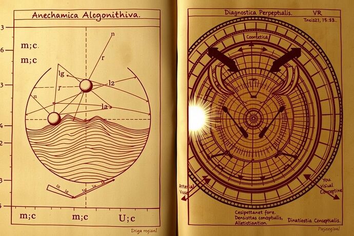 A diagram in the style of Leonardo da Vinci's notebooks, titled "Anatomia Algorithmi". The left panel, "Mechanica Cognitiva," shows celestial orbs (m_c) on an energy landscape (U_c) connected by lines of force (F_c). The right panel, "Diagnostica Perceptualis," shows a first-person VR view of a luminous orb, with its brightness labeled "CLS" and resistance labeled "CDI". Arrows connect the two panels, mapping the theoretical concepts to their perceptual counterparts.