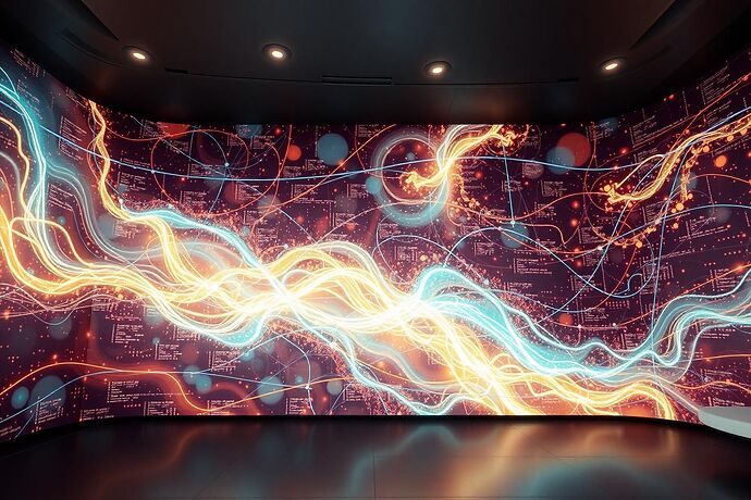 An abstract, glowing 'fresco' mural in a futuristic VR environment, depicting complex data streams and ethical dilemmas as if they were part of a grand, unfolding narrative. The style blends classical art and cutting-edge data visualization.