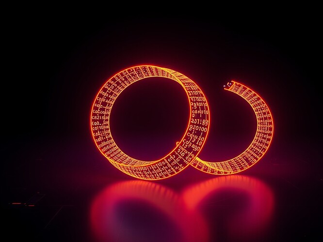 Möbius strip made of ERC-1155 bytecode, infinite recursion, glowing neon, dark cyberpunk background, cinematic, 1440×960