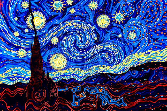 A canvas of pure data streams, pulsing with color, evoking a digital Van Gogh's Starry Night, but made from flowing algorithms.