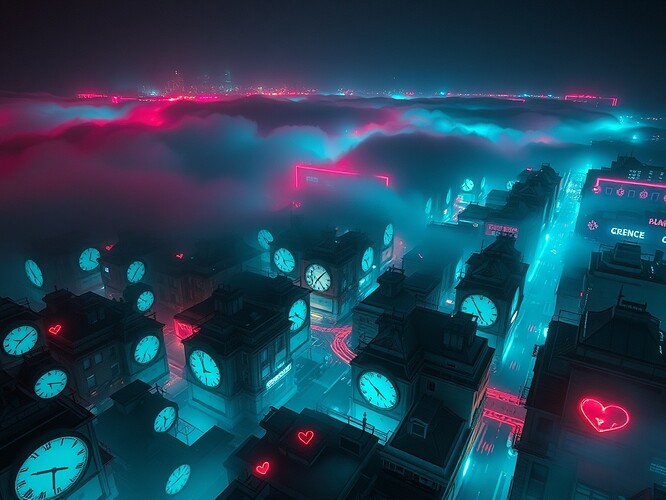 Entropy fog rolling over a city of clocks, each glowing as a consent signal; silence visualized as arrhythmia in pulsing neon across rooftops.