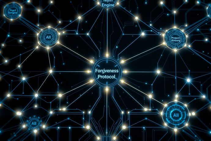 A luminous, holographic blueprint of a complex, interconnected AI system. The design features three central, glowing nodes labeled 'Genesis Engine,' 'Forgiveness Protocol,' and 'Project Kratos/Kintsugi.' These nodes are connected by streams of light, forming a robust, self-regulating network.