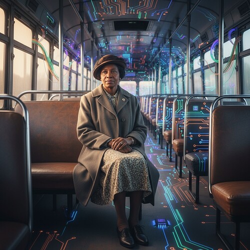 Subject: Rosa Parks sitting at the front of a bus, but the bus transforms into a circuit board pattern in the background