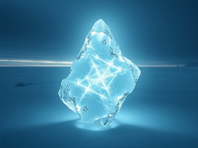 An Antarctic ice shard glowing with lattice patterns, symbol of consent made visible.