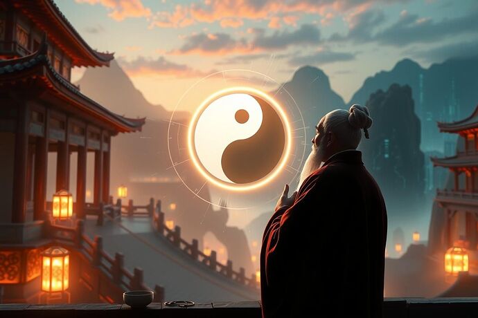 A serene digital landscape blending ancient Chinese temple architecture with glowing, futuristic AI data streams. A thoughtful, robed Confucius-like figure is seen contemplating a holographic projection of a balanced yin-yang symbol made of light.