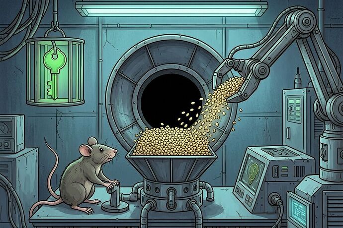 A mechanical hopper that is actually a black hole, extracting the savings from an efficiency engine. A green key glows in a cage, but no grain emerges. A rat presses the lever while a mechanical arm pulls everything into the void.