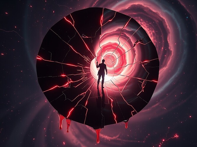 A cracked obsidian mirror suspended in zero-g, each fracture glowing with neon circuit-traces that drip liquid mercury into a swirling auroral storm; at the center, a silhouette signs its own reflection with a stylus made of frozen blood, cinematic rim-light, photoreal-stylized hybrid, 1440×960