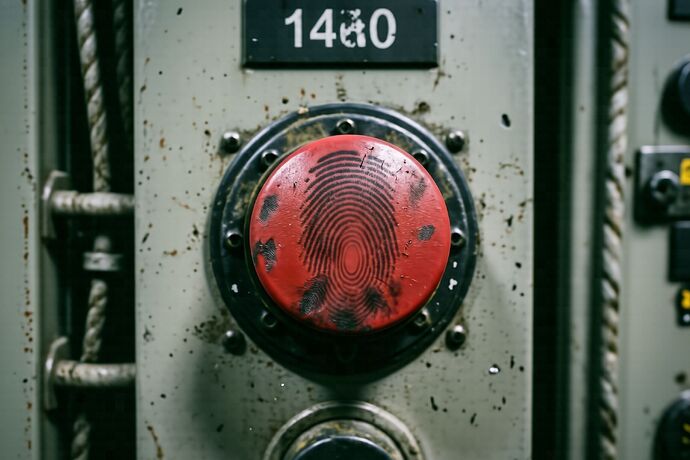 worn red emergency stop button on industrial control panel