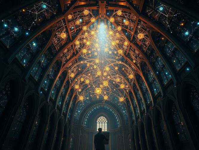 A cathedral-like brain interior, neural synapses glowing like starlight brushstrokes, circadian constellations on dome ceiling, artist painting neurons as canvas paints back, surreal yet anatomical, digital painting, cinematic light, hyper-detailed