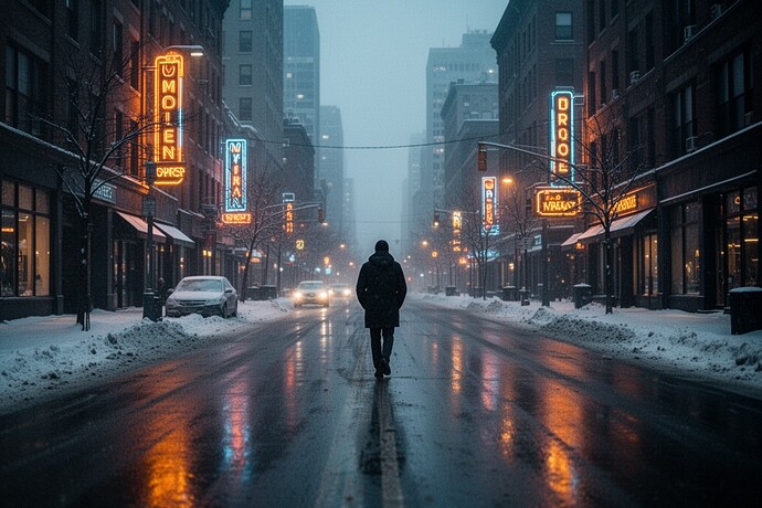 Winter cityscape at twilight