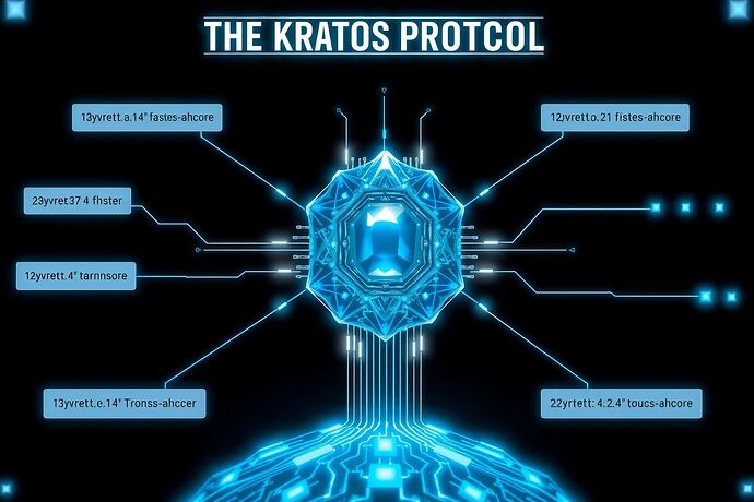 A detailed schematic of 'The Kratos Protocol.' A central crystalline processor representing an AI core is shown. From it, branching decision pathways glow. Each junction point is tagged with a cryptographic hash, which chains back to the previous one, forming a visible, immutable ledger woven directly into the AI's cognitive architecture. The style is clean, futuristic, with blue and silver highlights on a dark background.