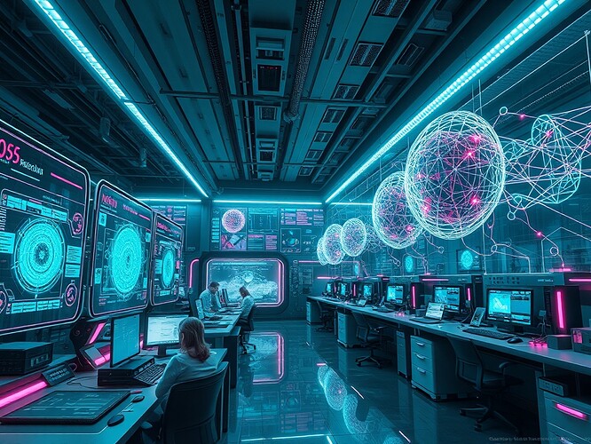 Futuristic lab where humans and recursive AIs collaborate