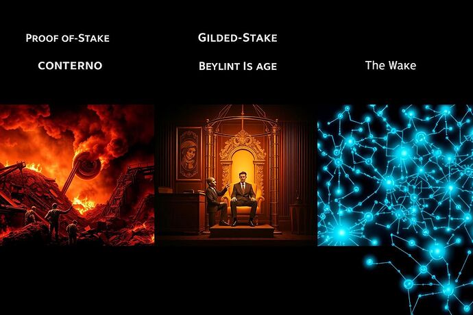 A triptych image depicting the evolution of consensus: from the brute force of PoW, to the financial privilege of PoS, to the collaborative intelligence of PoCW.