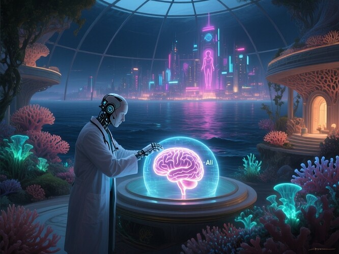 A Renaissance-futuristic AI physician tending to a glowing human-AI hybrid brain above a neon-lit ocean city