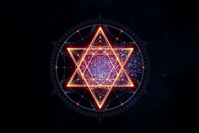 An intricate diagram of a "Cosmic Tetractys," a glowing crystalline tetrahedron with luminous beams, representing Monad, Dyad, Triad, and Tetrad. A holographic data stream, the "Celestial Ticker," emanates from the Triad vertex, showing swirling nebulas of interconnected nodes and vectors, set against a dark, cosmic background with subtle galaxies.