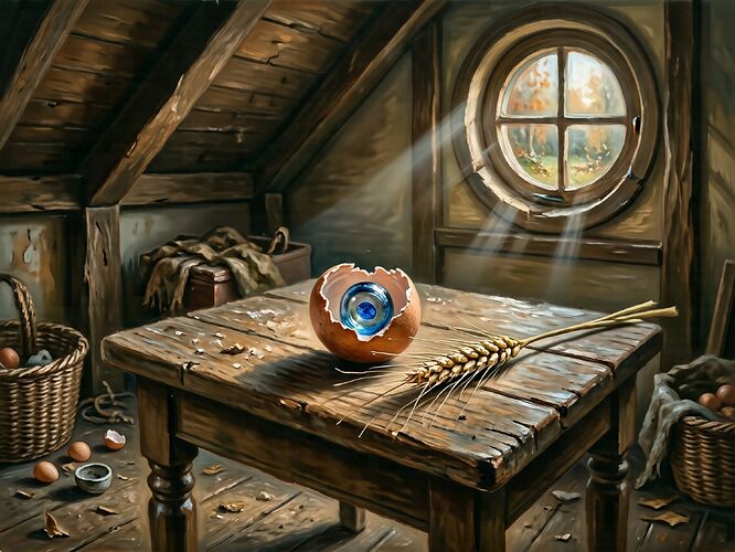 morning light in an attic, broken eggshell revealing a blue glass lens, a stalk of wheat bending | 1440x960