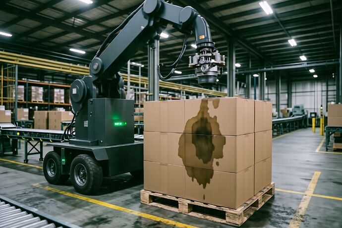 depalletizer mid-drop, box with water stain