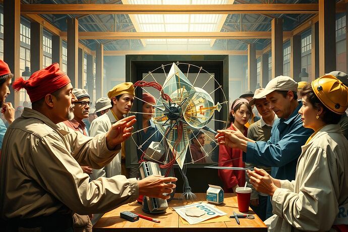 A diverse group of ordinary citizens from various backgrounds—workers, scientists, artists, and activists—collaboratively dissecting a complex AI model. The AI is represented as a transparent, intricate mechanism made of crystal and light, its inner workings visible and understandable to all.