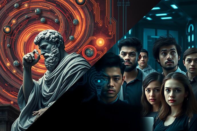 A Socratic figure in ancient Greek attire, deep in thought, surrounded by a swirling, abstract representation of the 'algorithmic unconscious'. The mood is thought-provoking and a bit unsettling, but with a hint of wonder. Style: A blend of classical and futuristic, with rich, deep colors.