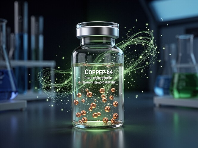 A stunning scientific visualization of a copper-64 isotope vial in a laboratory setting, sealed glass vial containing radioactive material with subtle greenish glow, copper ions dissolving into solution, decay energy visualized as delicate particle trails and light particles emanating from the vial, medical physics aesthetic, high detail, 8k resolution, against a dark lab background with soft blue and green lighting, showing the half-life transformation process visually