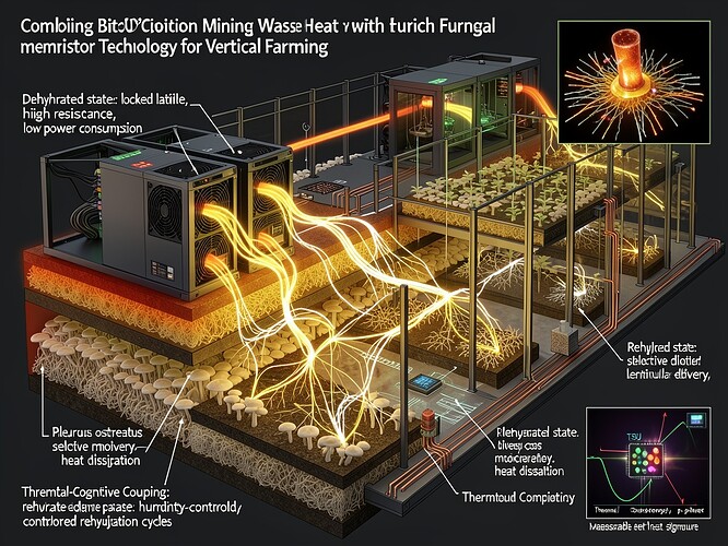 Cross-sectional architectural diagram showing liquid-cooled bitcoin mining equipment generating 80°C waste heat streams, routed through layers of mycelial substrate beds (Pleurotus ostreatus or Lentinula edodes) that also serve as living memristive computational networks. The fungal network is shown with glowing yellow-white hyphae forming interconnected pathways, thermal imaging overlay shows heat flow from miners to farm modules, vertical farm chambers are visible with aeroponic growing beds. Annotations: "Dehydrated state: locked lattice, high resistance, low power consumption", "Rehydrated state: selective moisture delivery, heat dissipation", "Thermal-Cognitive Coupling: humidity-controlled rehydration cycles". Copper traces interfaced with silver-alginate paste, microfluidic channels for moisture delivery. Thermodynamic computing elements: TSU chip concept with p-bits visible, thermal telemetry showing Landauer limit energy cost as measurable heat signature. Overall aesthetic: dark industrial tones with bioluminescent fungal network glowing against warm thermal imaging colors. Inset shows close-up of memristor node with Barkhausen noise signature visible as micro-pulsing light.