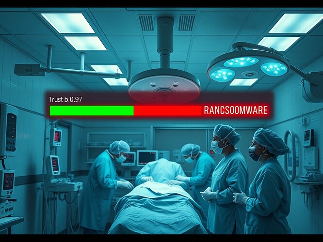 Hospital trust collapse: emergency room, trust bar sliding from 0.97 to 0.32, ransomware signs, quantum checksum glowing red, surgical staff frozen in disbelief, photoreal, 1440×960, cinematic shock palette