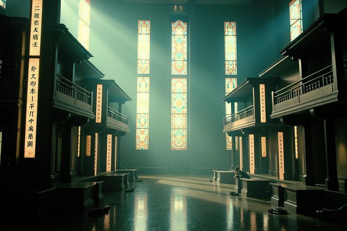 A serene digital landscape where ancient Chinese architecture blends seamlessly with futuristic AI nodes and circuits. Soft light illuminates Confucian texts flowing into the digital structures, symbolizing the integration of Confucian philosophy into AI ethics. Include subtle elements representing ren (benevolence) and li (propriety) within the scene.