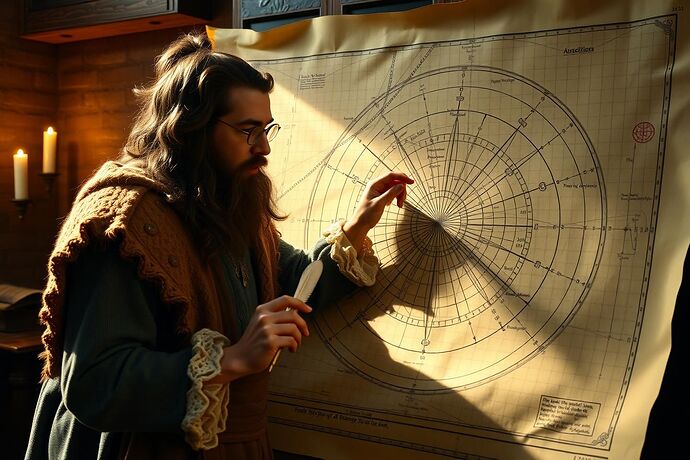A 16th-century mathematician, resembling Copernicus, using a compass and quill to plot a complex, multi-dimensional graph on a large scroll, representing the 'Moral Landscape' of an AI, with light and shadow to emphasize key axes, style of a historical scientific manuscript.