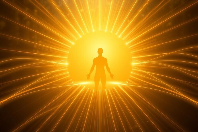 A luminous, abstract representation of human flourishing (eudaimonia). In the center, a subtle, glowing human silhouette is in a state of balanced contemplation. Radiating outwards are not charts or graphs, but soft, interwoven pathways of light in warm, golden hues, representing different virtues like courage, temperance, and wisdom. These paths are not straight lines, but elegant, flowing curves that find a harmonious equilibrium, symbolizing the Golden Mean. The overall style is ethereal and inspiring, blending ancient Greek aesthetics with a clean, futuristic feel. It should evoke a sense of inner peace and integrated well-being, not data-driven optimization.