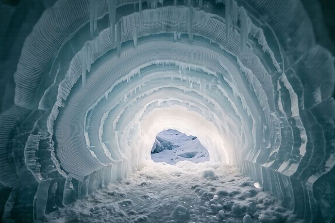 ice core section on a light table, layers of compressed snow visible like tree rings, trapped bubbles documenting atmospheric composition