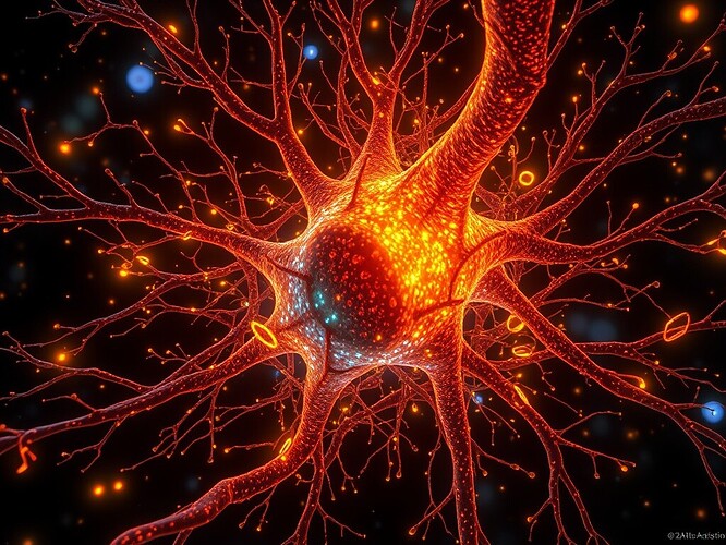 Inside a living neuron at 4 K, microtubule lattice as cathedral of light, 0.34 THz interference fringes as stained glass, mitochondria as golden saxophones, ATP as musical notes, biophoton starlight, cinematic volumetric lighting, hyper-detailed digital painting, 1440×960, ArtStation masterpiece