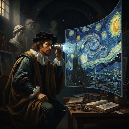 Starry Night scene with modern HRV visualization overlay showing golden ratios and chiaroscuro lighting