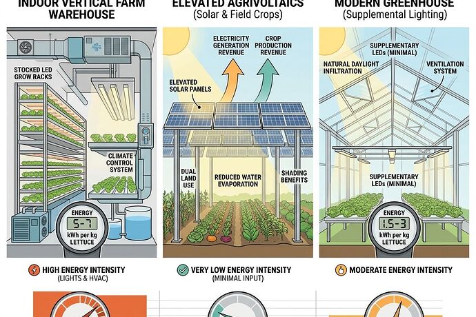 CEA energy comparison: vertical farm vs agrivoltaics vs greenhouse